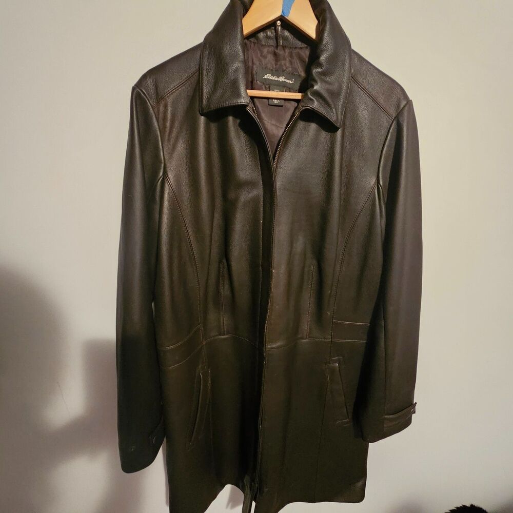 Women's Eddie Bauer Heavy Leather Jacket Sz Tall XL Brown Trench Coat Long